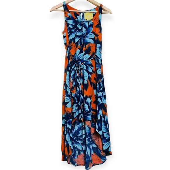 Anthropologie Maeve Sunset Hibiscus Orange Blue Hi Lo Dress Size 0 - Picture 1 of 13